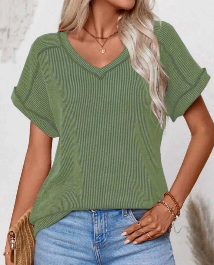 Short Sleeve Soft Ribbed V-Neck