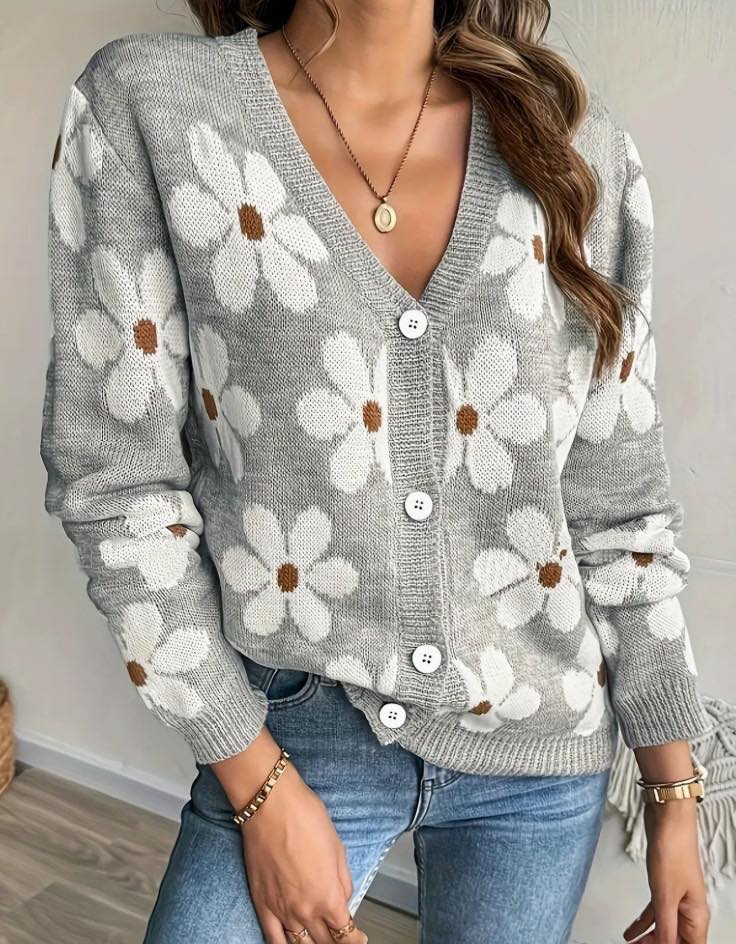 Floral V-Neck Button Sweater Cardigan