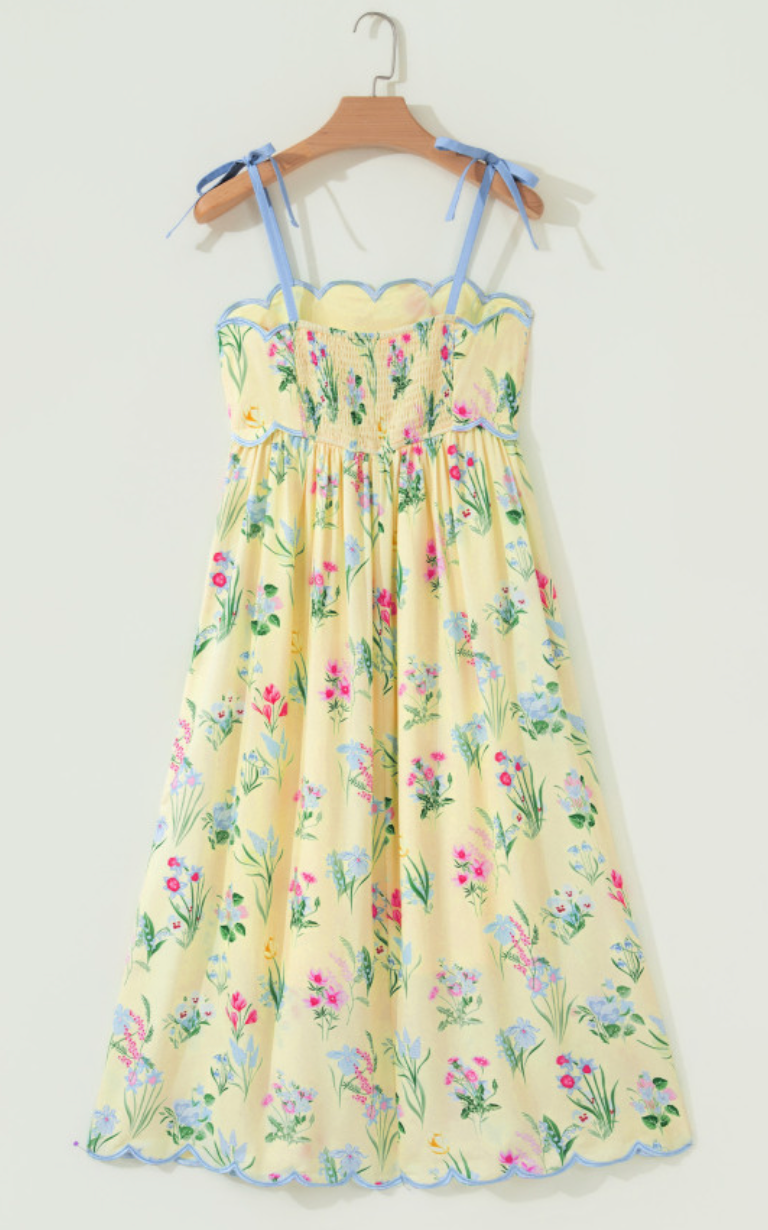 Contrast Trim Self-Tie Straps High Waist Midi Dress