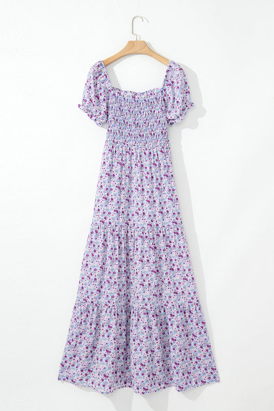 Bubble Sleeve Shirred High Waist Maxi