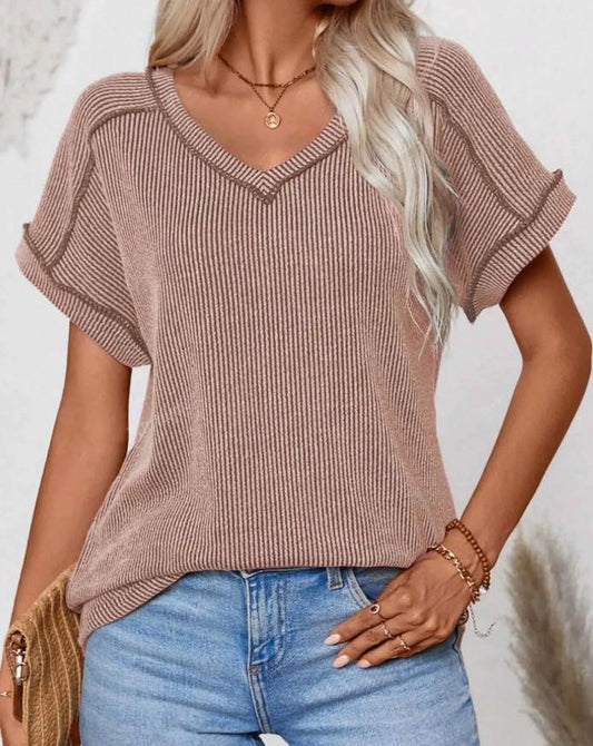 Short Sleeve Soft Ribbed V-Neck