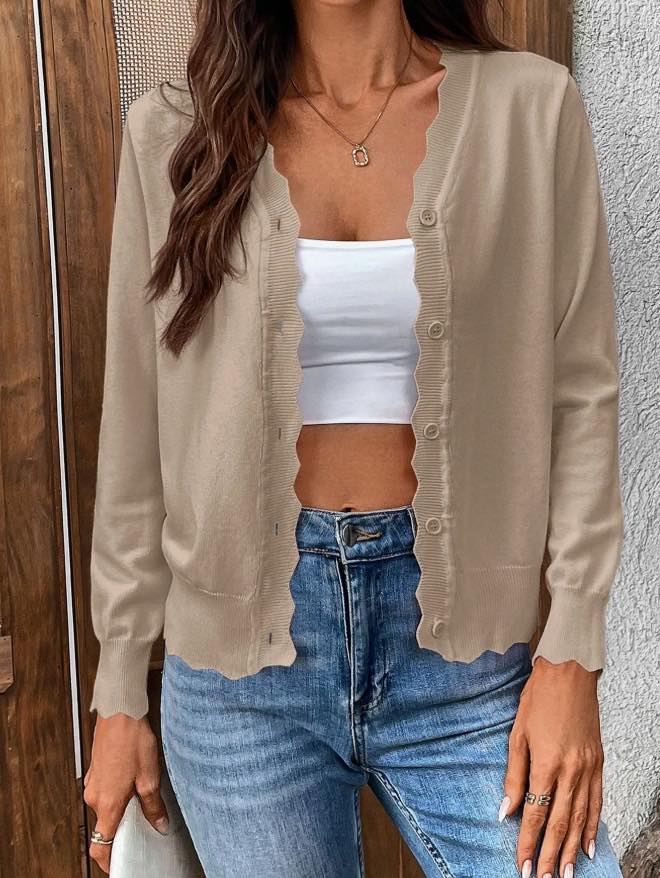 Lightweight Scalloped V Neck Cardigan