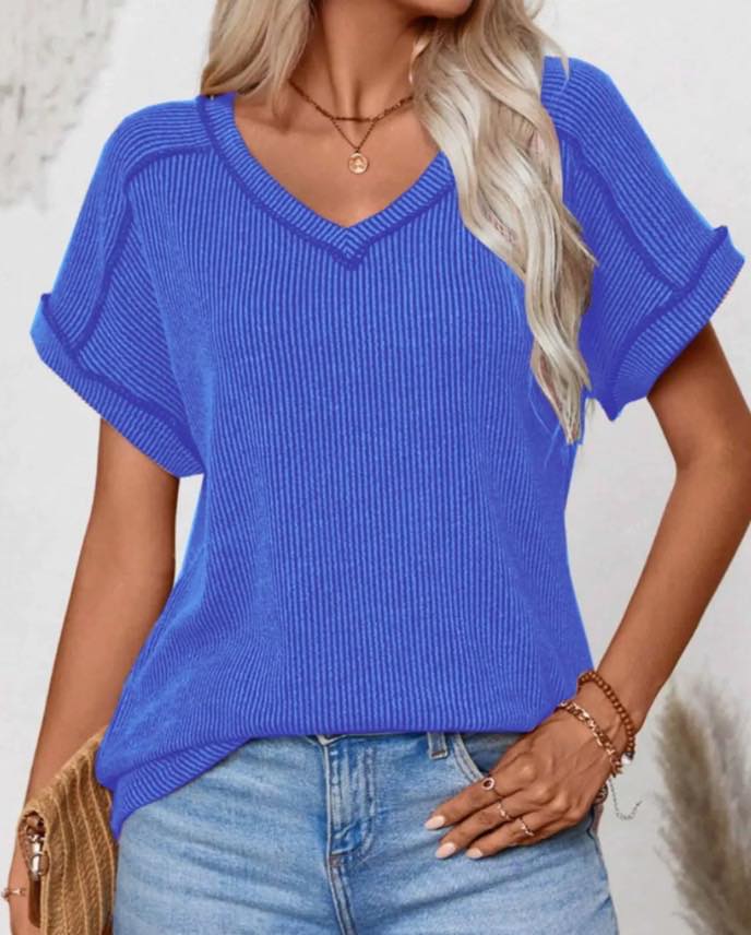 Short Sleeve Soft Ribbed V-Neck