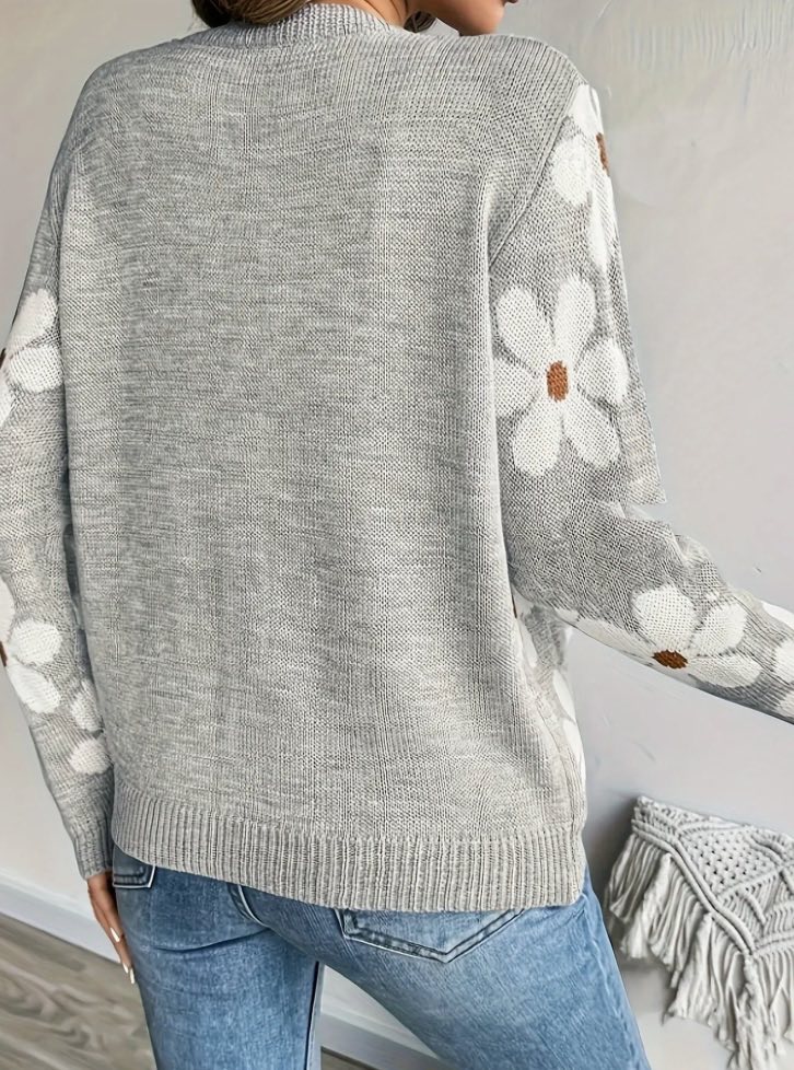 Floral V-Neck Button Sweater Cardigan