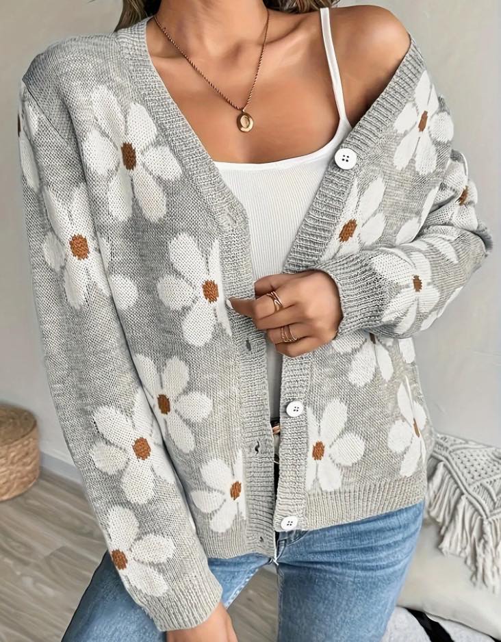 Floral V-Neck Button Sweater Cardigan