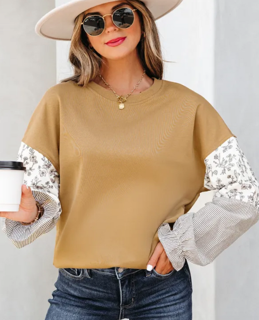 Floral Striped Patchwork Ruffled Sleeve Crew Neck