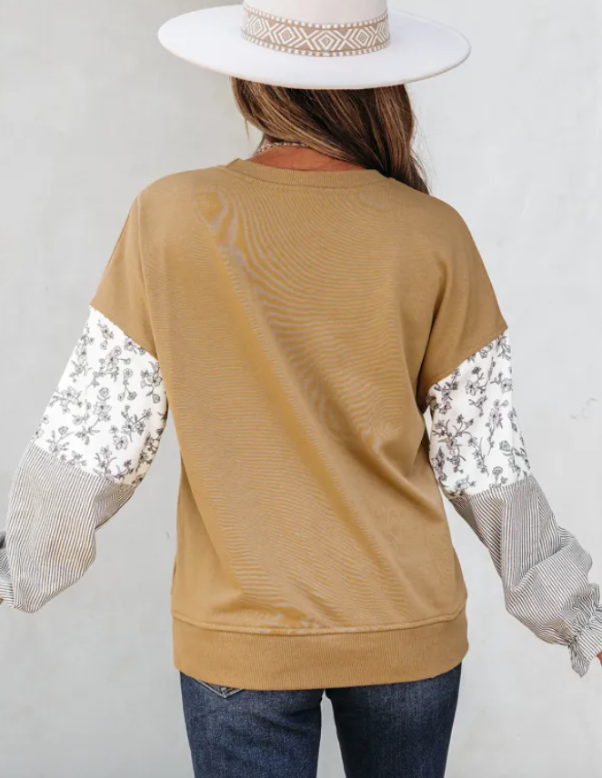 Floral Striped Patchwork Ruffled Sleeve Crew Neck