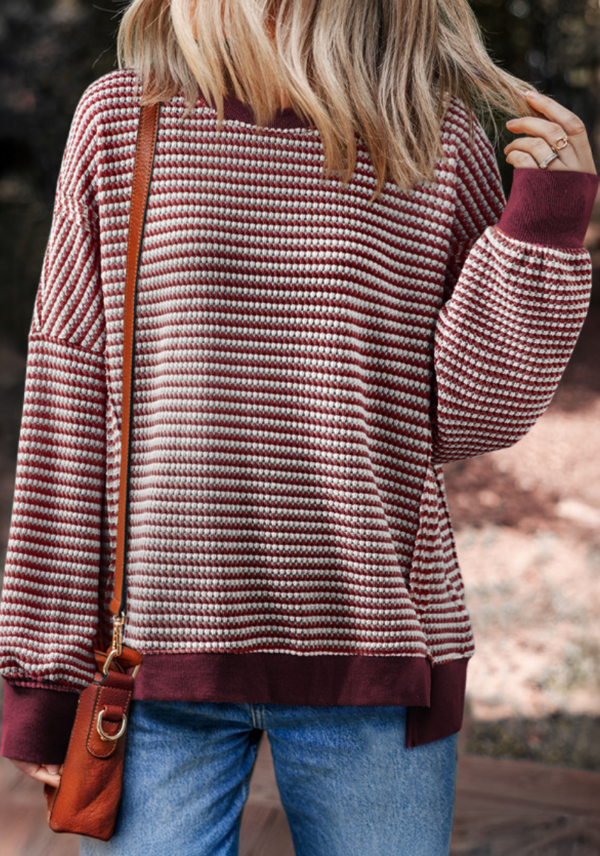 Oversize Stripe Ribbed Trim Drop Shoulder