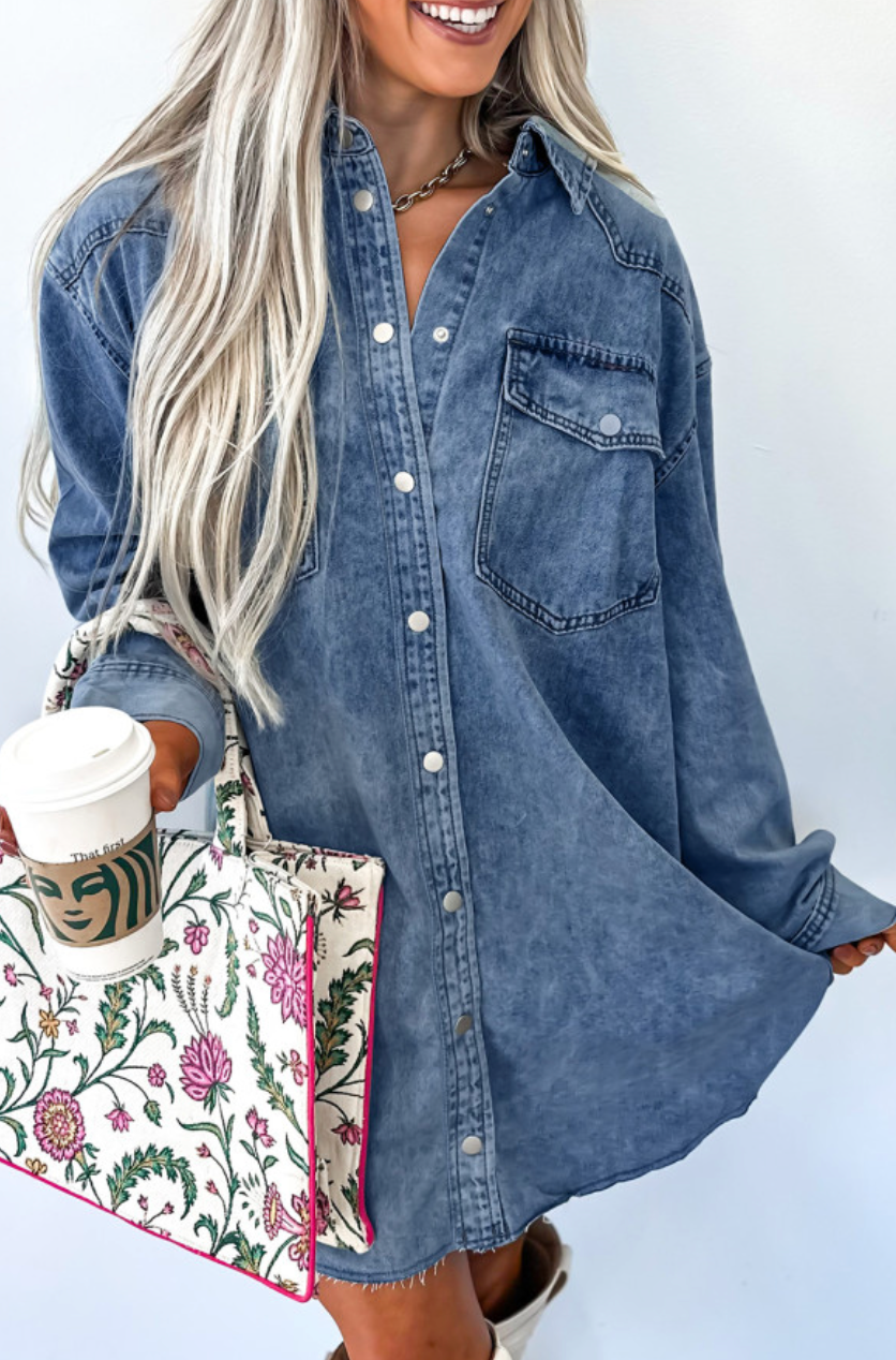 Raw Hem Denim Button Up Shirt Dress