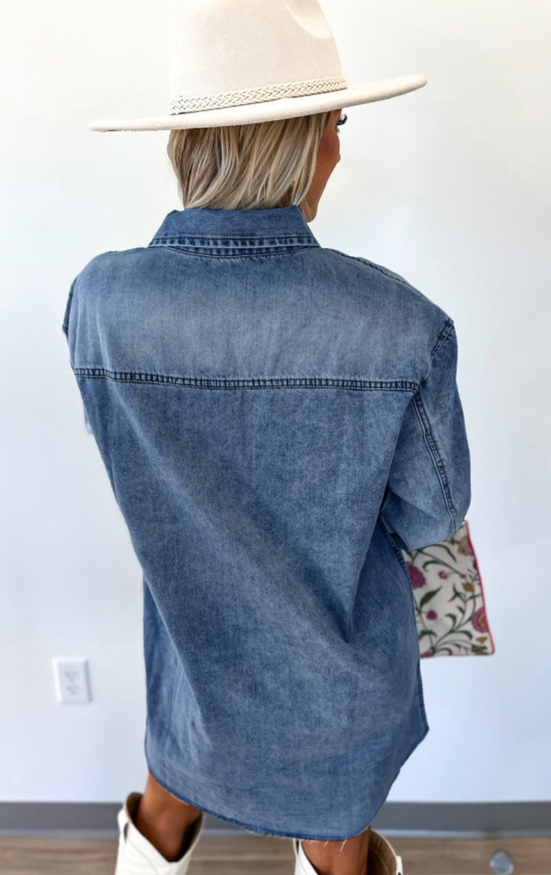 Raw Hem Denim Button Up Shirt Dress