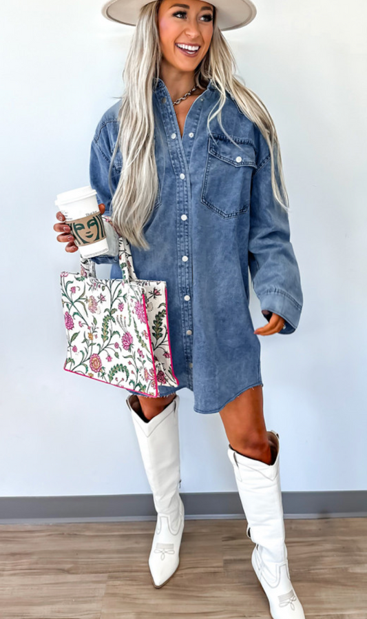 Raw Hem Denim Button Up Shirt Dress