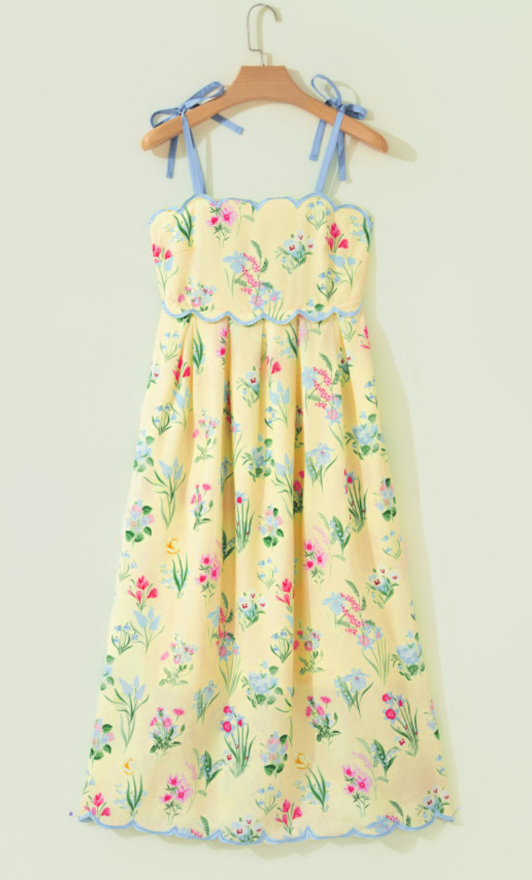 Contrast Trim Self-Tie Straps High Waist Midi Dress