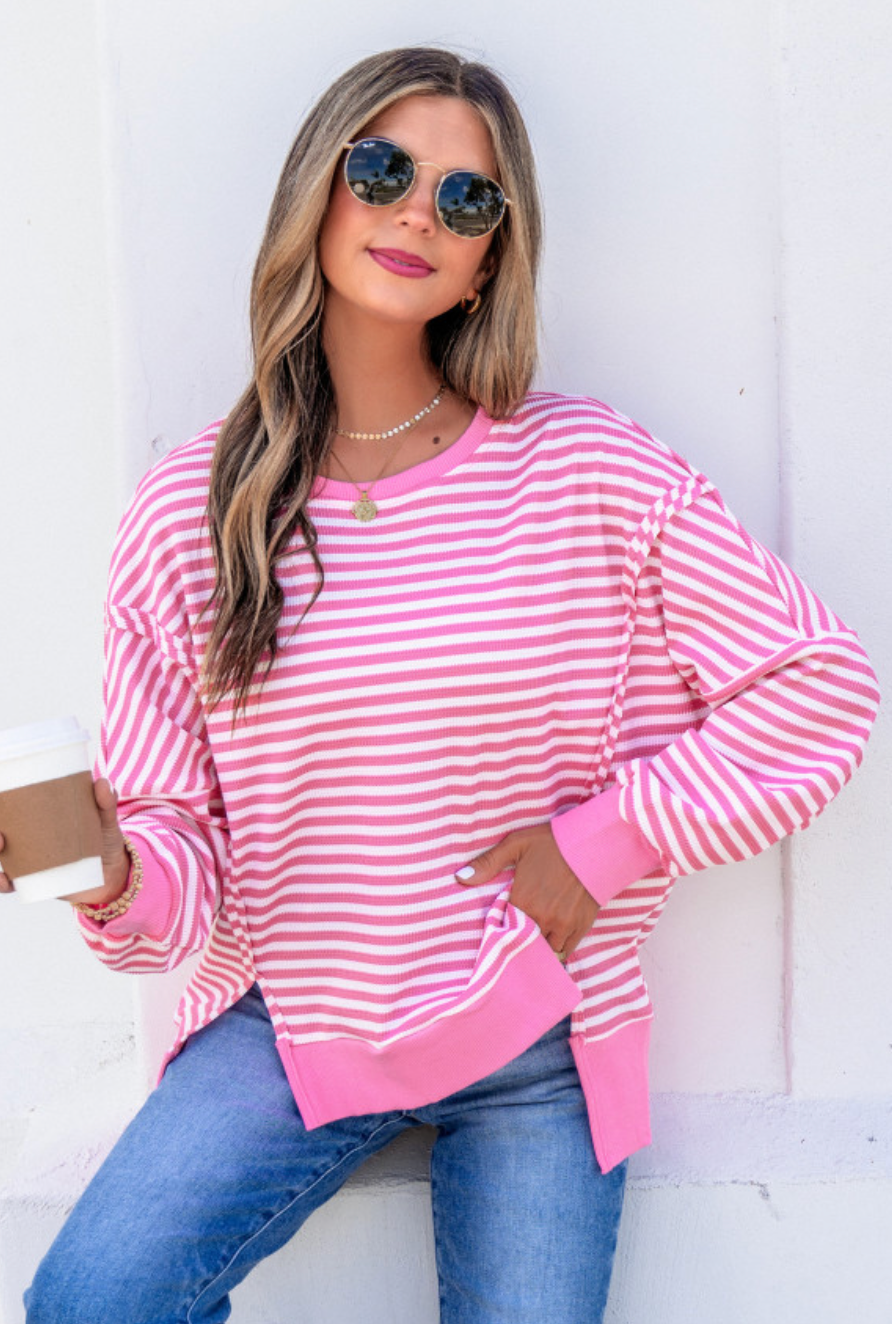 Pink Stripe Textured Knit Pullover