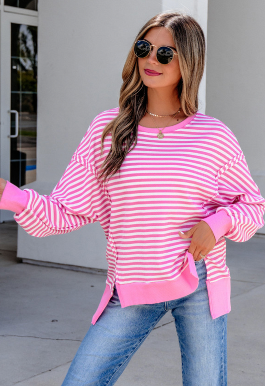 Pink Stripe Textured Knit Pullover