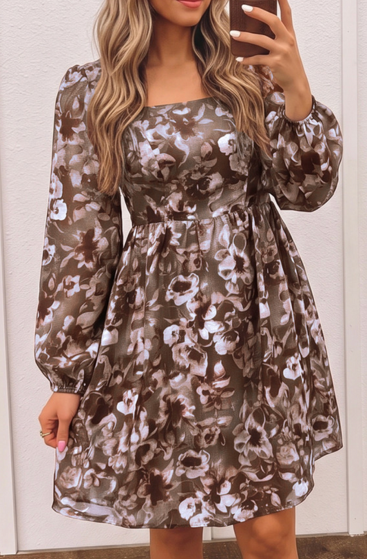 Square Neck Long Sleeve Mini Dress