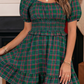 Plaid Shirred U Neck Short Sleeve Mini Dress