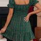 Plaid Shirred U Neck Short Sleeve Mini Dress