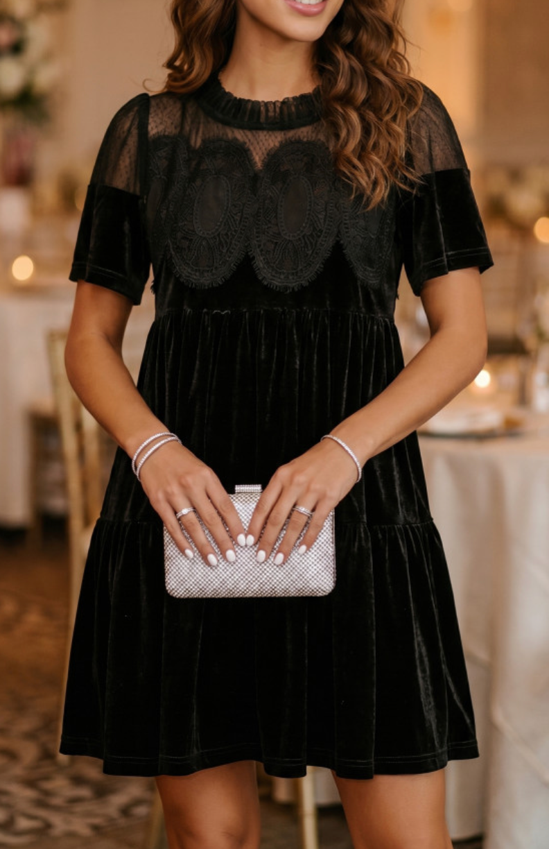 Lace Velvet Short Sleeve Mini Dress