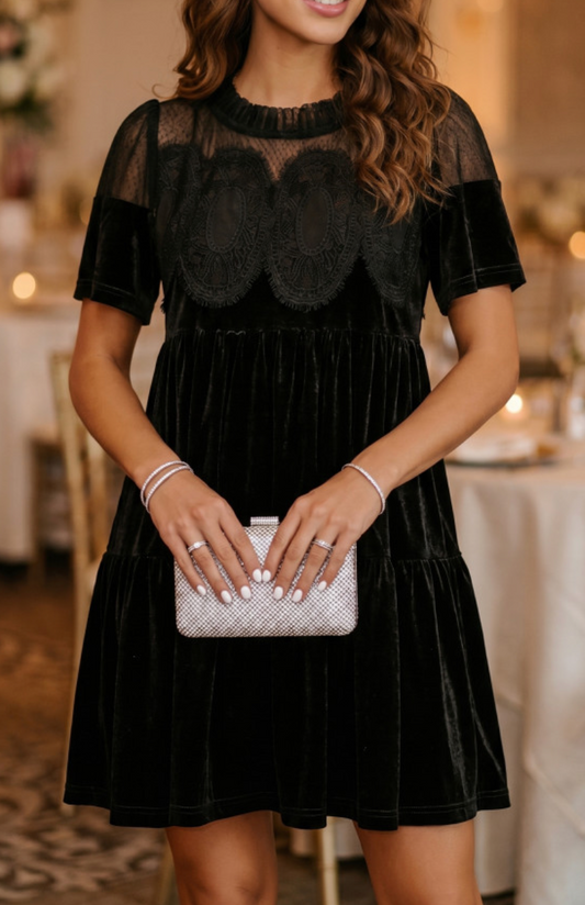 Lace Velvet Short Sleeve Mini Dress