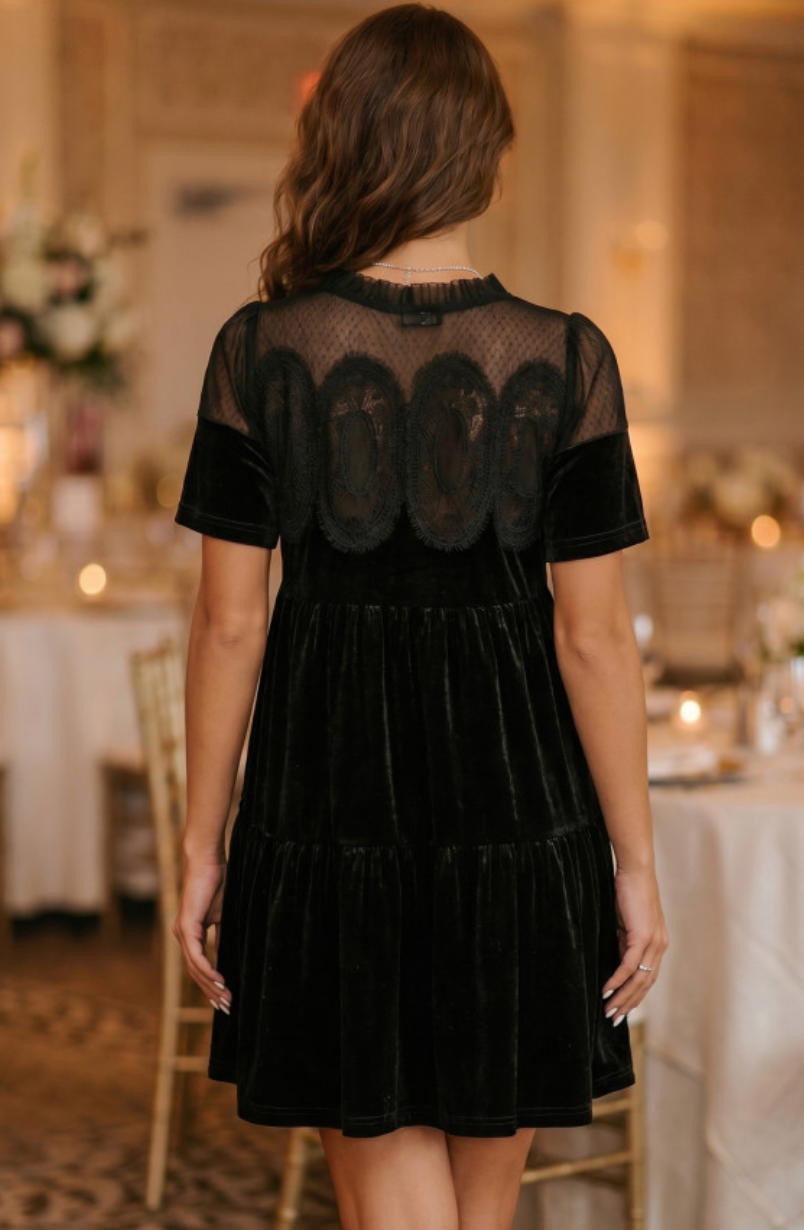 Lace Velvet Short Sleeve Mini Dress