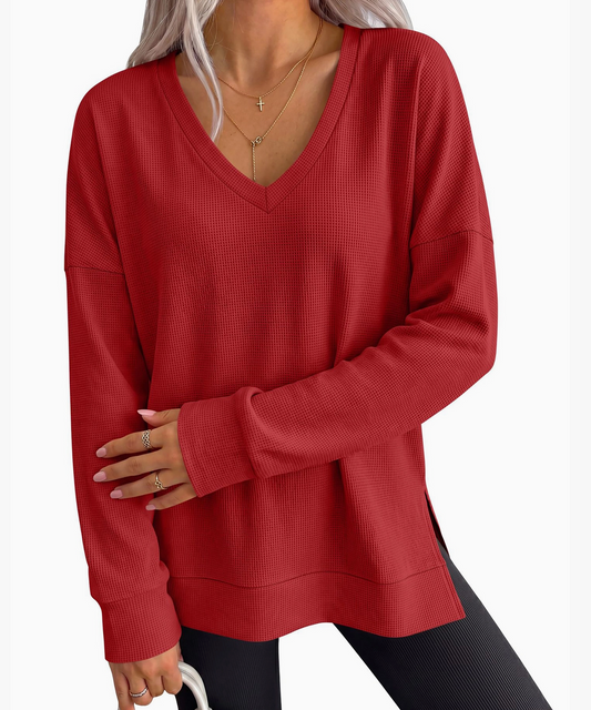 Oversized V-Neck Waffle Knit Top