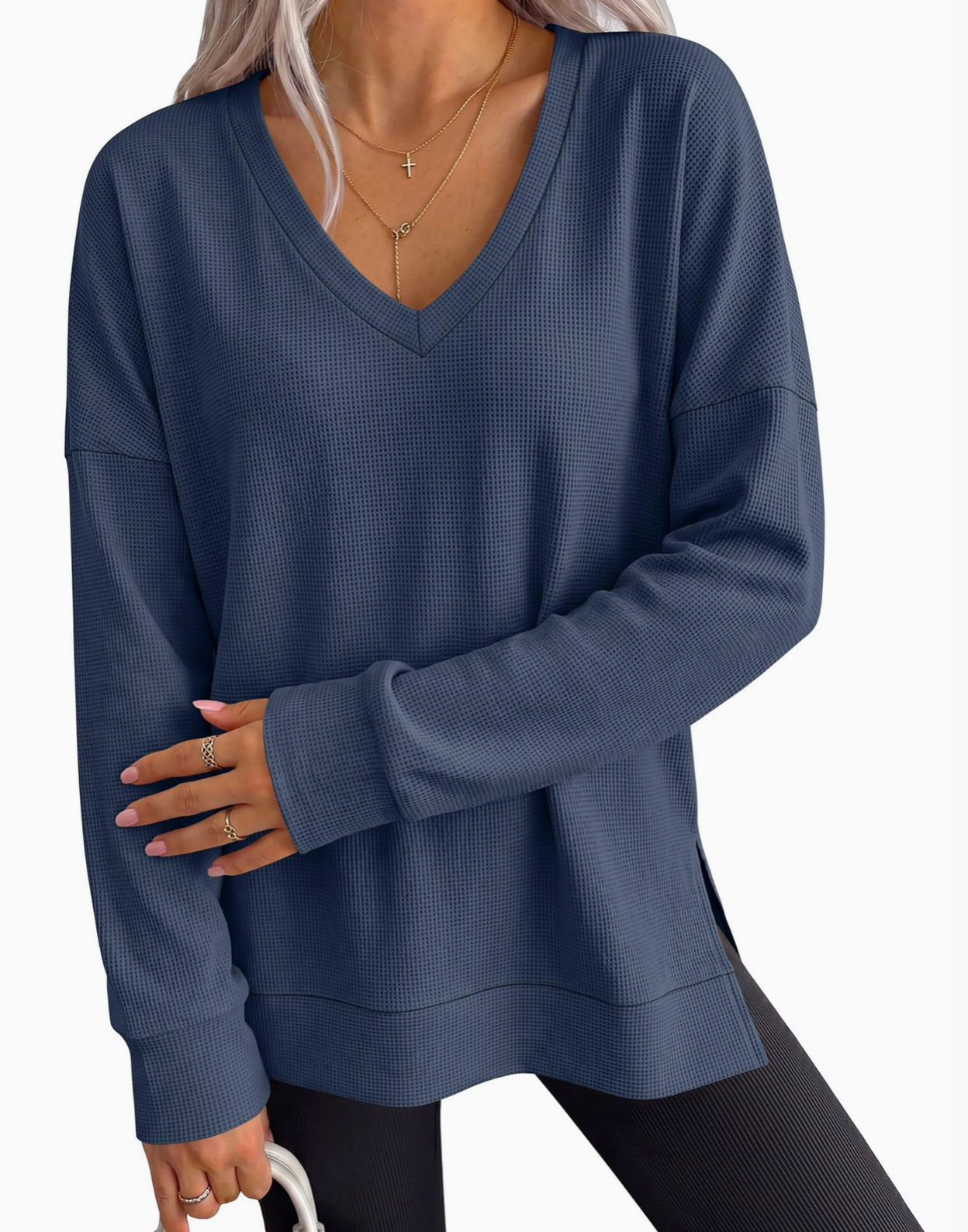 Oversized V-Neck Waffle Knit Top