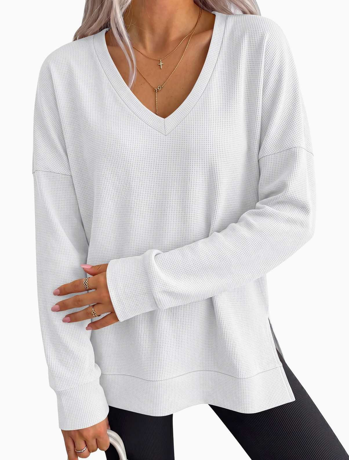 Oversized V-Neck Waffle Knit Top