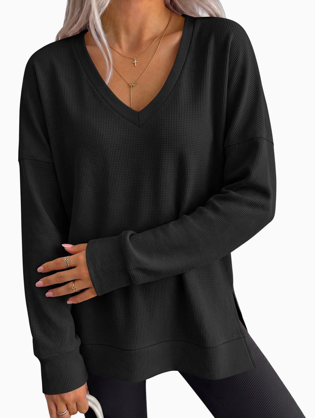 Oversized V-Neck Waffle Knit Top