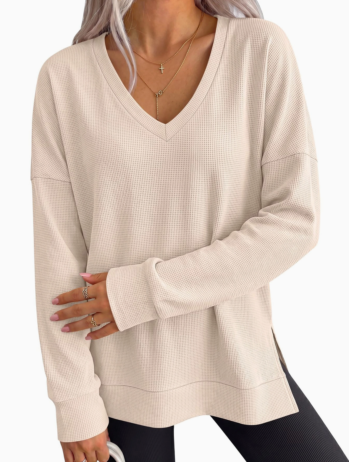 Oversized V-Neck Waffle Knit Top