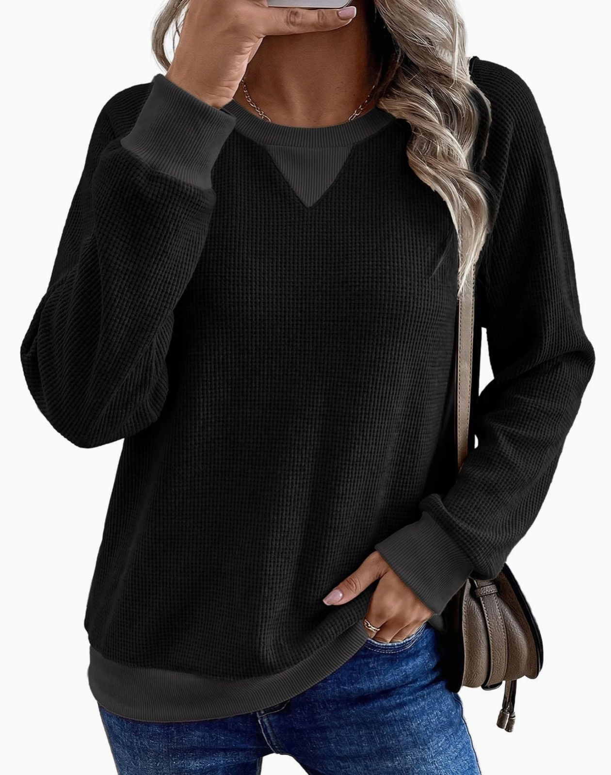 Waffle Knit Color Block V-Neck
