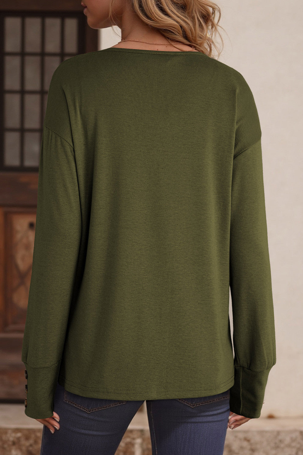 V Neck Buttoned Cuff Drop Shoulder