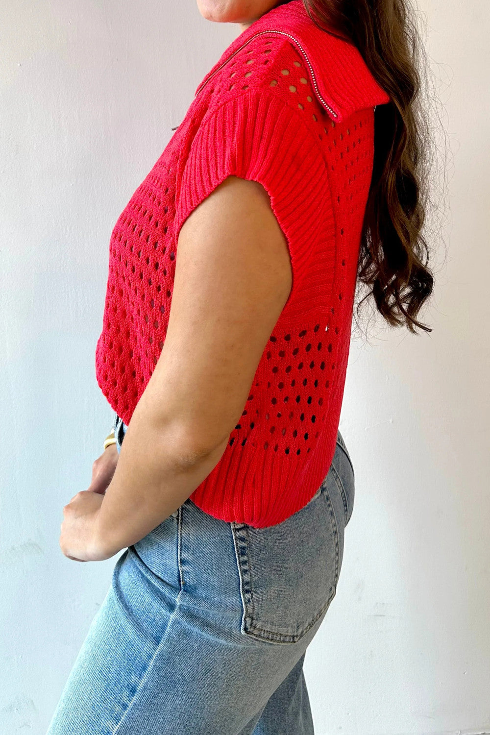Hollowed Knit Zipper Collar